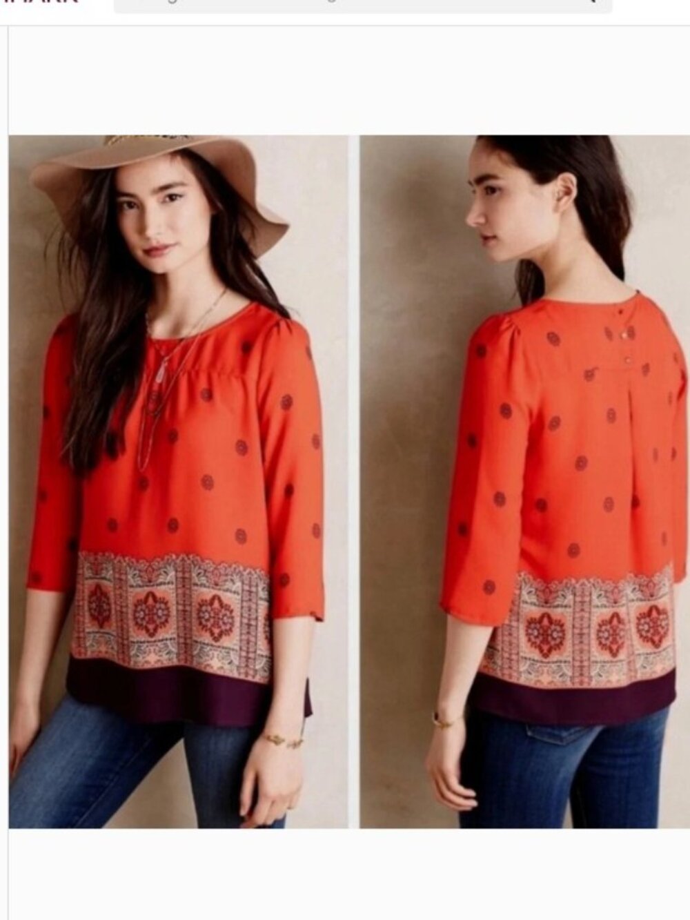 Anthropologie Maeve‎ Rila Red Floral Print Blouse Women's 3/4 Sleeve Top Size 12